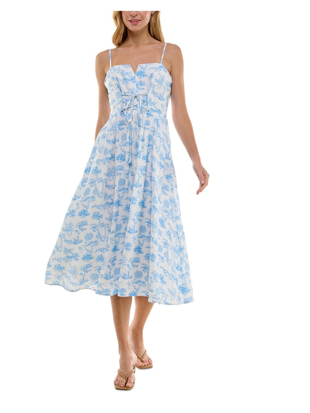 Row A Juniors' Toile Corset-Laced Midi Dress Midi Sundress, Size L, NWT
